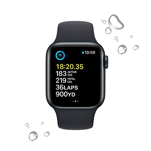 Smartwatch displaying fitness tracking data with water droplets